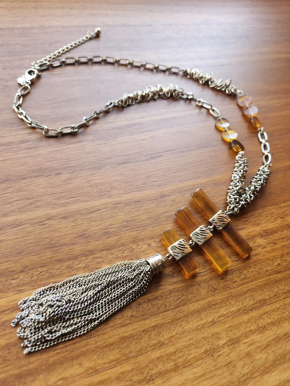 90s CHICO'S BOHO AMBER LUCITE MIXED METAL CHAIN STATEMENT TASSEL LONG NECKLACE
